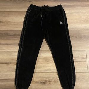 adidas Black Velour Kids Joggers with Trefoil and Stripes